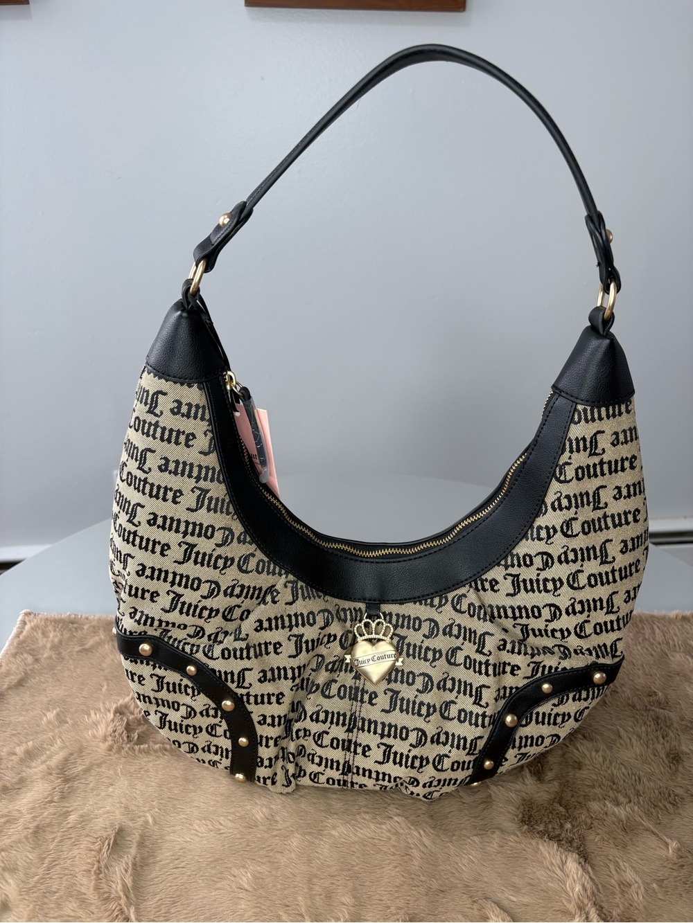 Juicy Couture Black and Beige Signature Script Hobo Bag